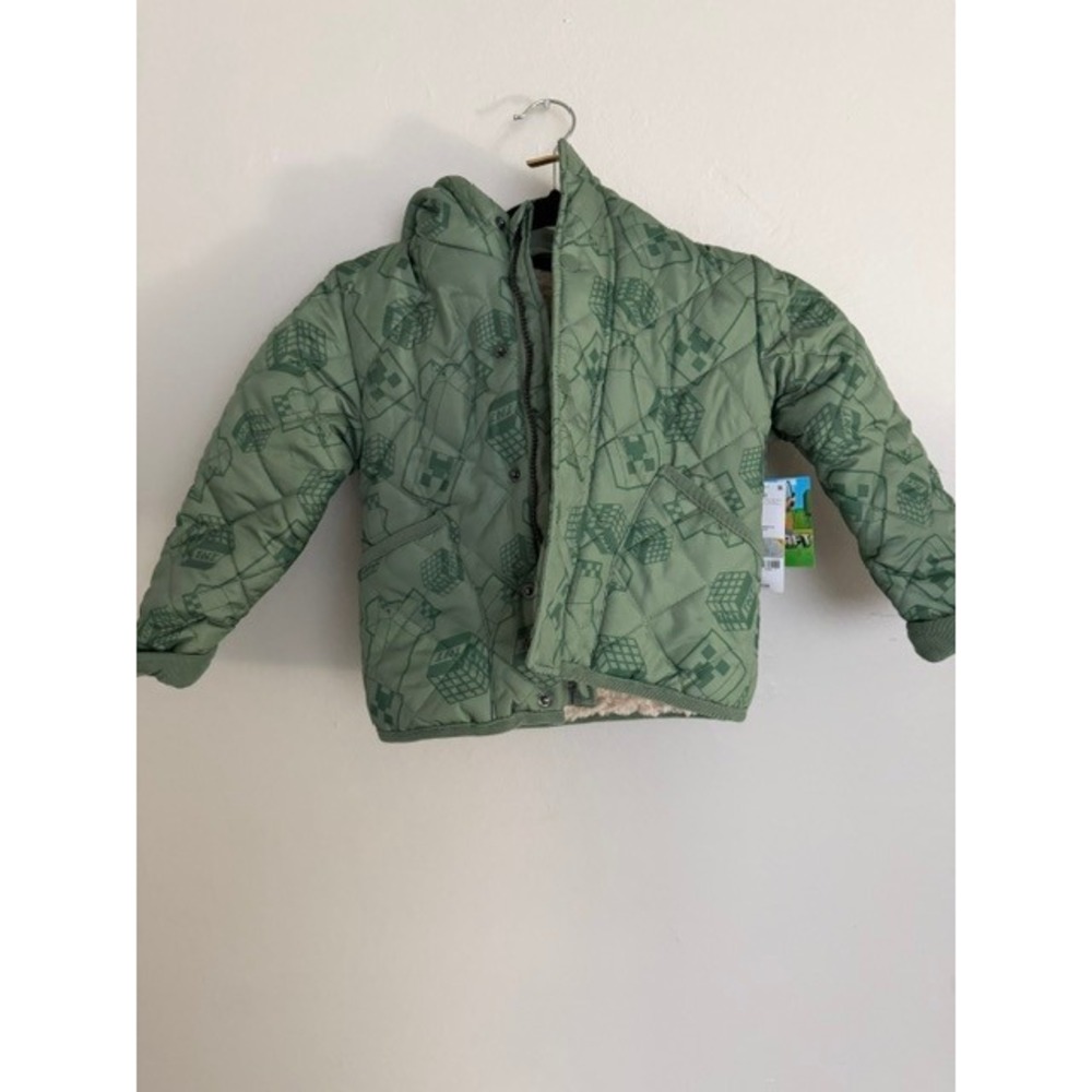 Minecraft Boy Green Quilted Puffer Jacket Hooded Faux Shearling Lined NWT Size 4